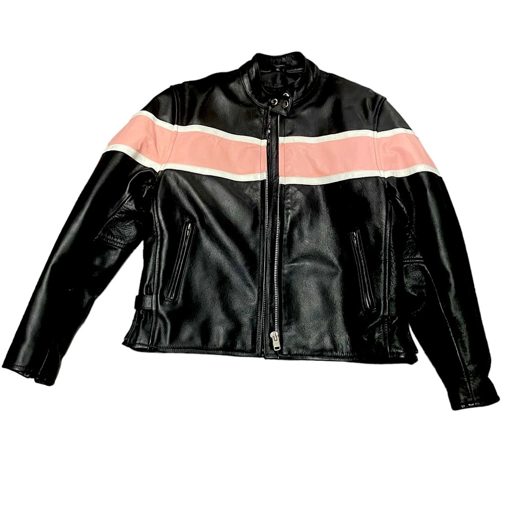 Black & pink 100% leather moto jacket with side zips removable quilted liner XL